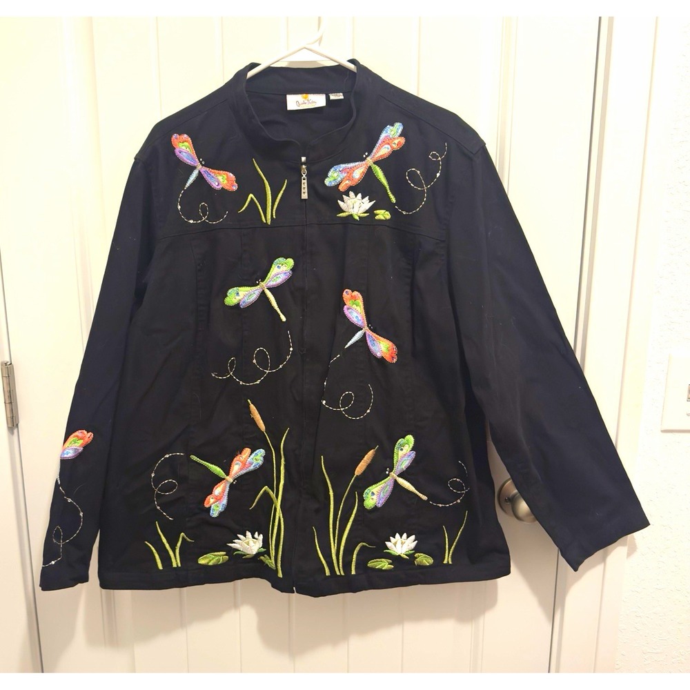 Quacker Factory Black Embroidered Dragonfly Full Zip Up Women's Jacket Size 1X